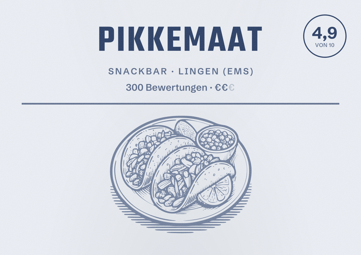 Illustriertes Poster von Pikkemaat, Snackbar in Lingen (Ems): Bewertung 4,9 von 10 aus 300 Bewertungen, Preisniveau €€