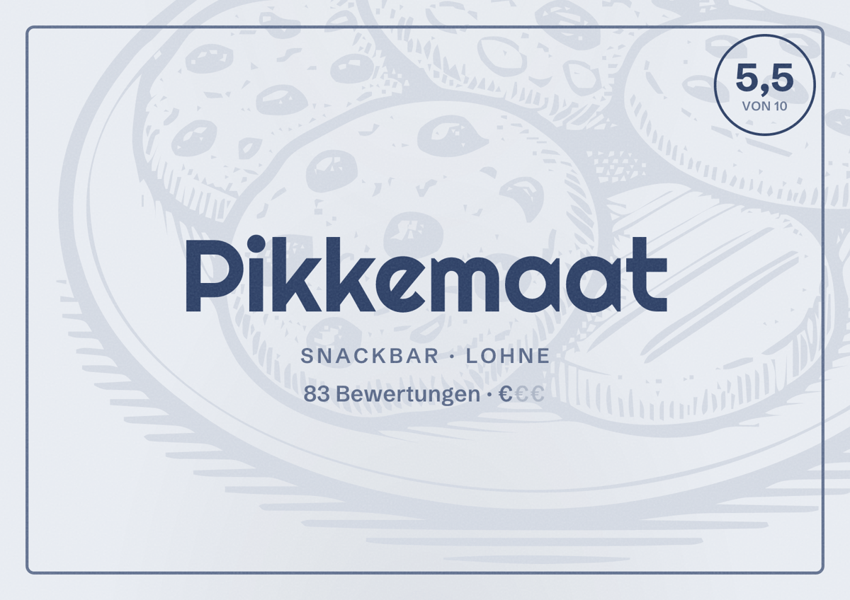 Illustriertes Poster von Pikkemaat, Snackbar in Lohne: Bewertung 5,5 von 10 aus 83 Bewertungen, Preisniveau €