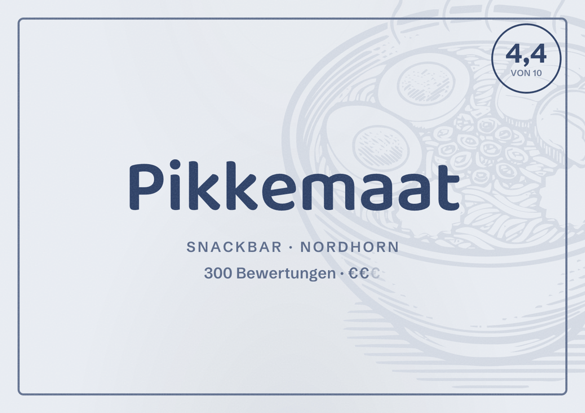 Illustriertes Poster von Pikkemaat, Snackbar in Nordhorn: Bewertung 4,4 von 10 aus 300 Bewertungen, Preisniveau €€