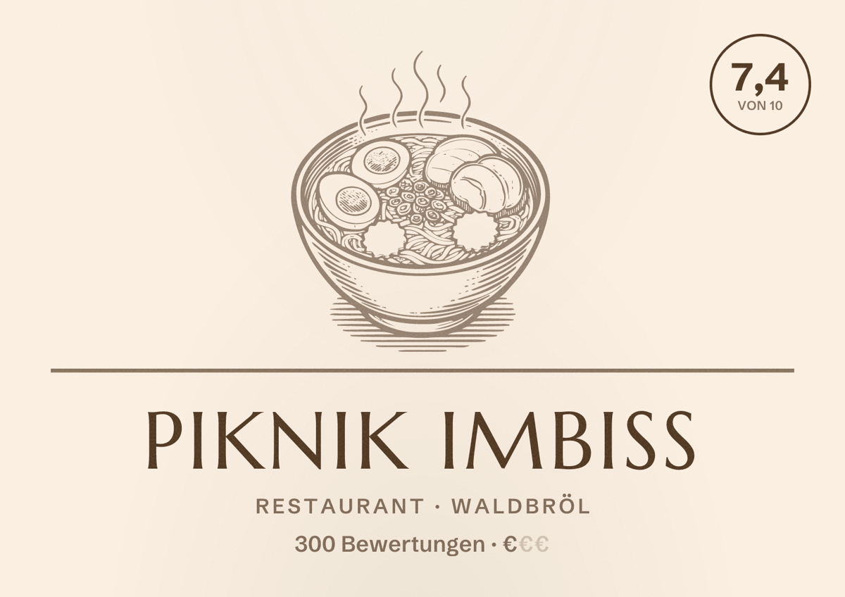 Illustriertes Poster von Piknik Imbiss, Restaurant in Waldbröl: Bewertung 7,4 von 10 aus 300 Bewertungen, Preisniveau €