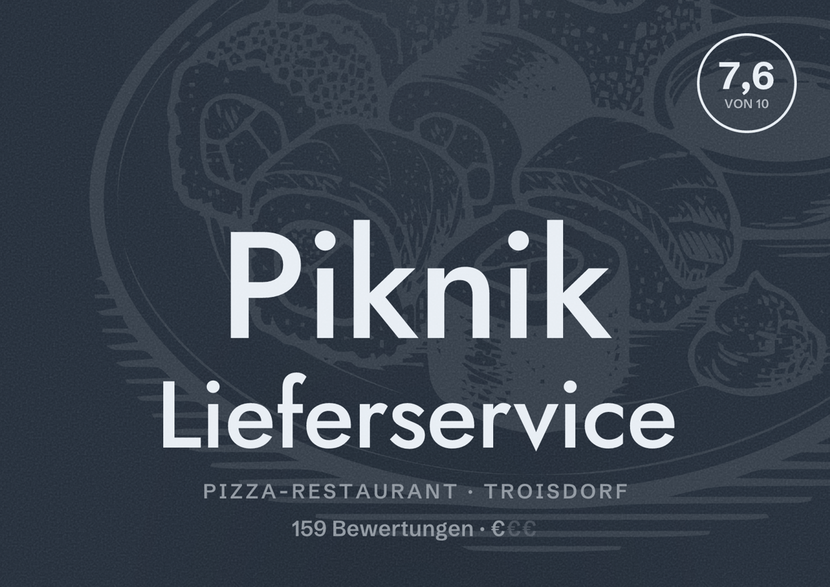 Illustriertes Poster von Piknik Lieferservice, Pizza-Restaurant in Troisdorf: Bewertung 7,6 von 10 aus 159 Bewertungen, Preisniveau €