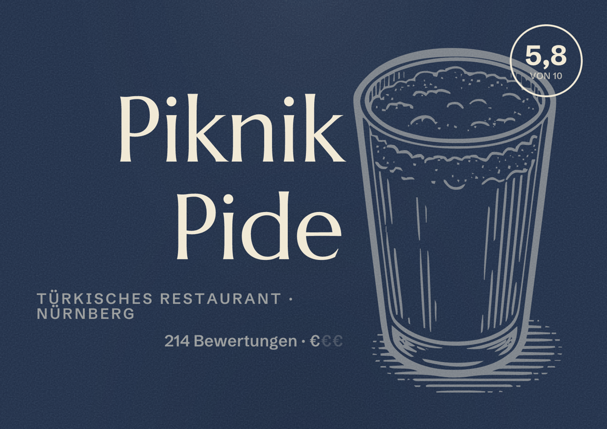 Illustriertes Poster von Piknik Pide, Türkisches Restaurant in Nürnberg: Bewertung 5,8 von 10 aus 214 Bewertungen, Preisniveau €