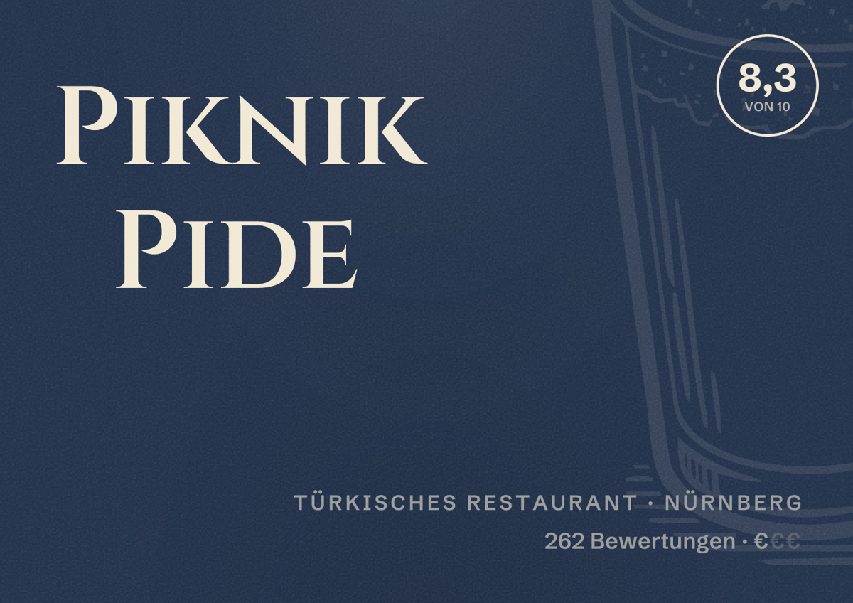 Illustriertes Poster von Piknik Pide, Türkisches Restaurant in Nürnberg: Bewertung 8,3 von 10 aus 262 Bewertungen, Preisniveau €