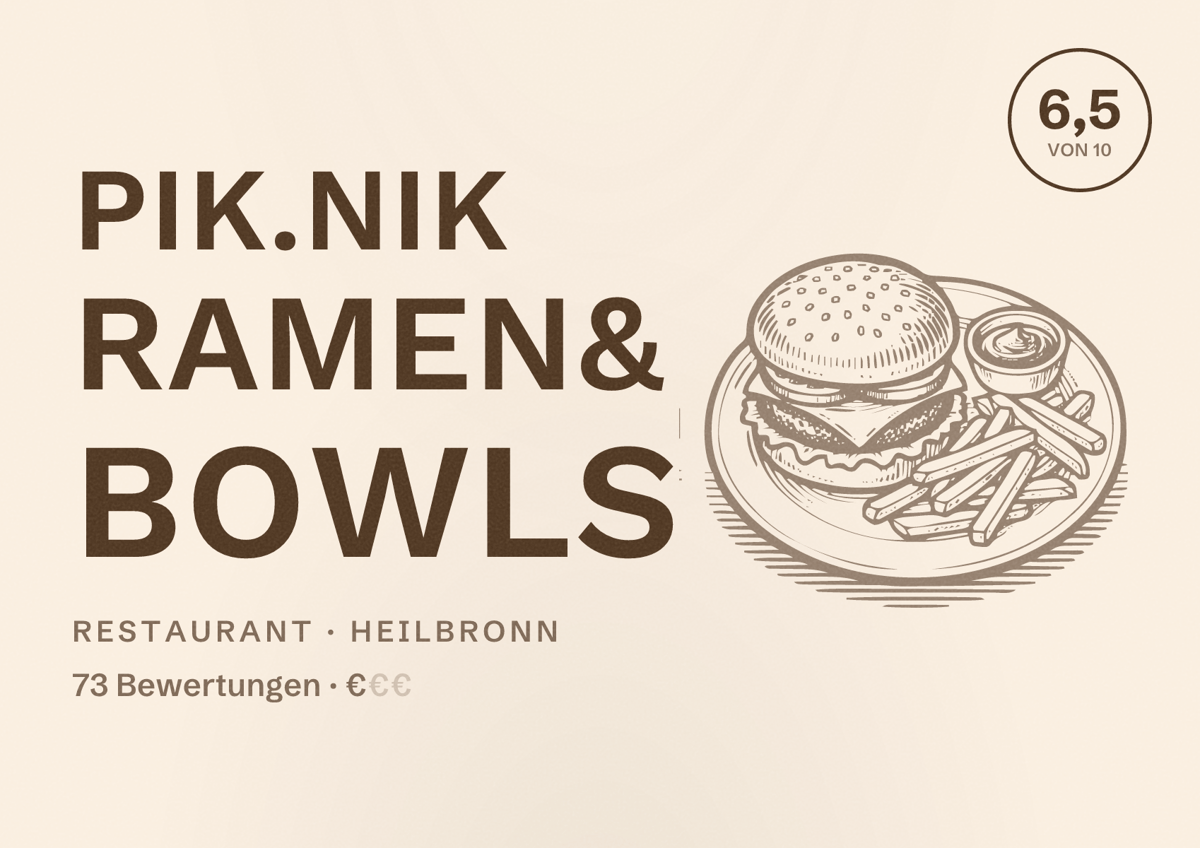 Illustriertes Poster von Pik.nik Ramen& Bowls, Restaurant in Heilbronn: Bewertung 6,5 von 10 aus 73 Bewertungen, Preisniveau €