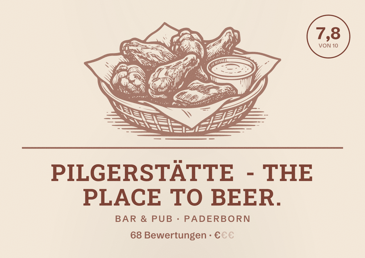 Illustriertes Poster von Pilgerstätte - The place to beer., Bar & Pub in Paderborn: Bewertung 7,8 von 10 aus 68 Bewertungen, Preisniveau €