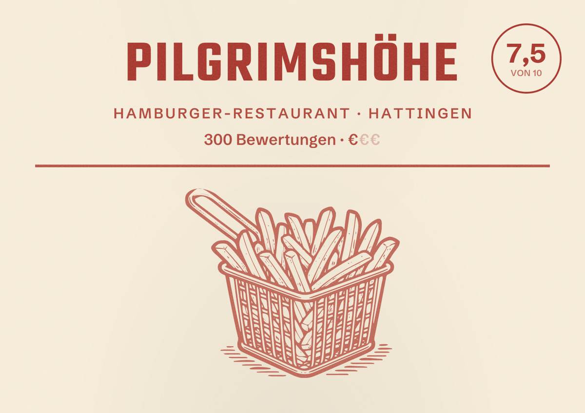 Illustriertes Poster von Pilgrimshöhe, Hamburger-Restaurant in Hattingen: Bewertung 7,5 von 10 aus 300 Bewertungen, Preisniveau €