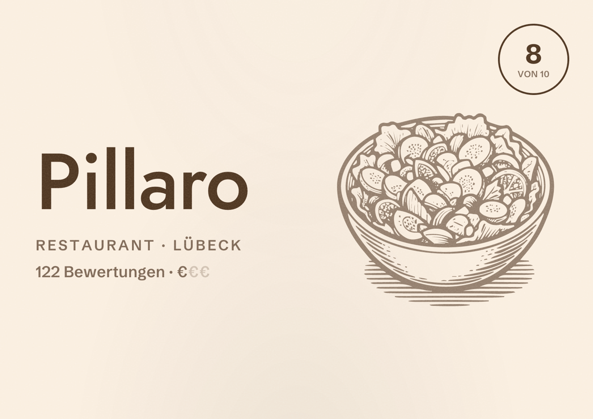 Illustriertes Poster von Pillaro, Restaurant in Lübeck: Bewertung 8 von 10 aus 122 Bewertungen, Preisniveau €