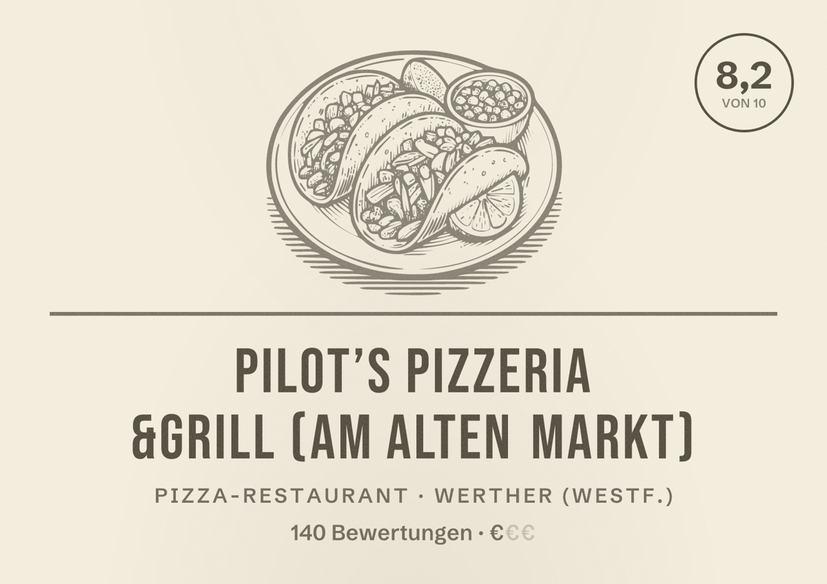 Illustriertes Poster von Pilot’s Pizzeria &Grill (Am Alten Markt), Pizza-Restaurant in Werther (Westf.): Bewertung 8,2 von 10 aus 140 Bewertungen, Preisniveau €