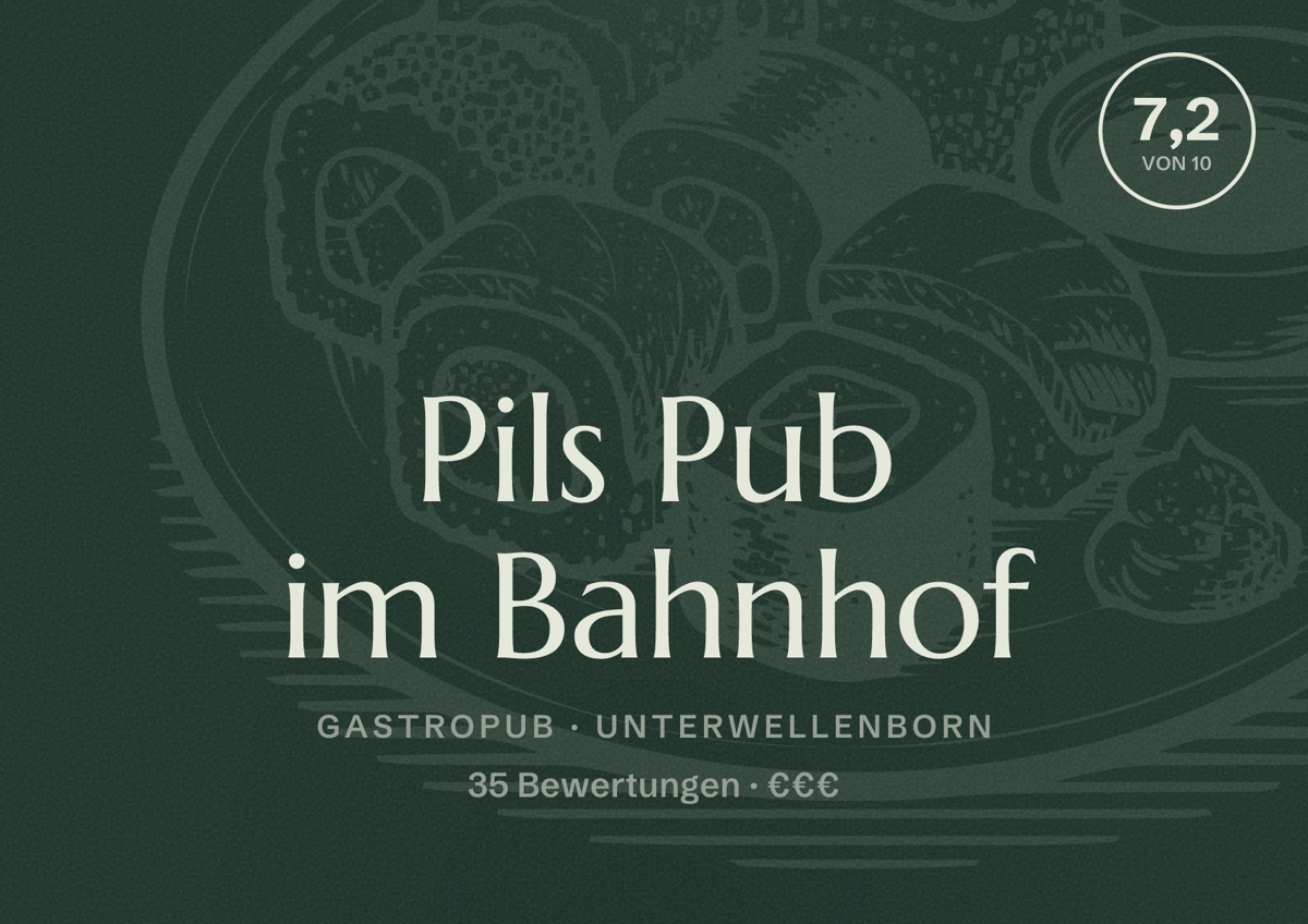 Illustriertes Poster von Pils Pub im Bahnhof, Gastropub in Unterwellenborn: Bewertung 7,2 von 10 aus 35 Bewertungen, Preisniveau €€€