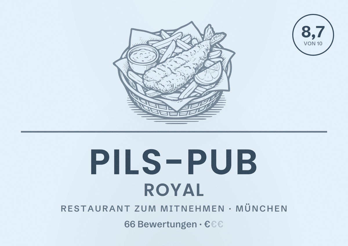Illustriertes Poster von Pils-Pub Royal, Restaurant zum Mitnehmen in München: Bewertung 8,7 von 10 aus 66 Bewertungen, Preisniveau €