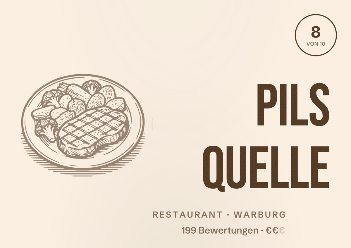 Illustriertes Poster von Pils Quelle, Restaurant in Warburg: Bewertung 8 von 10 aus 199 Bewertungen, Preisniveau €€