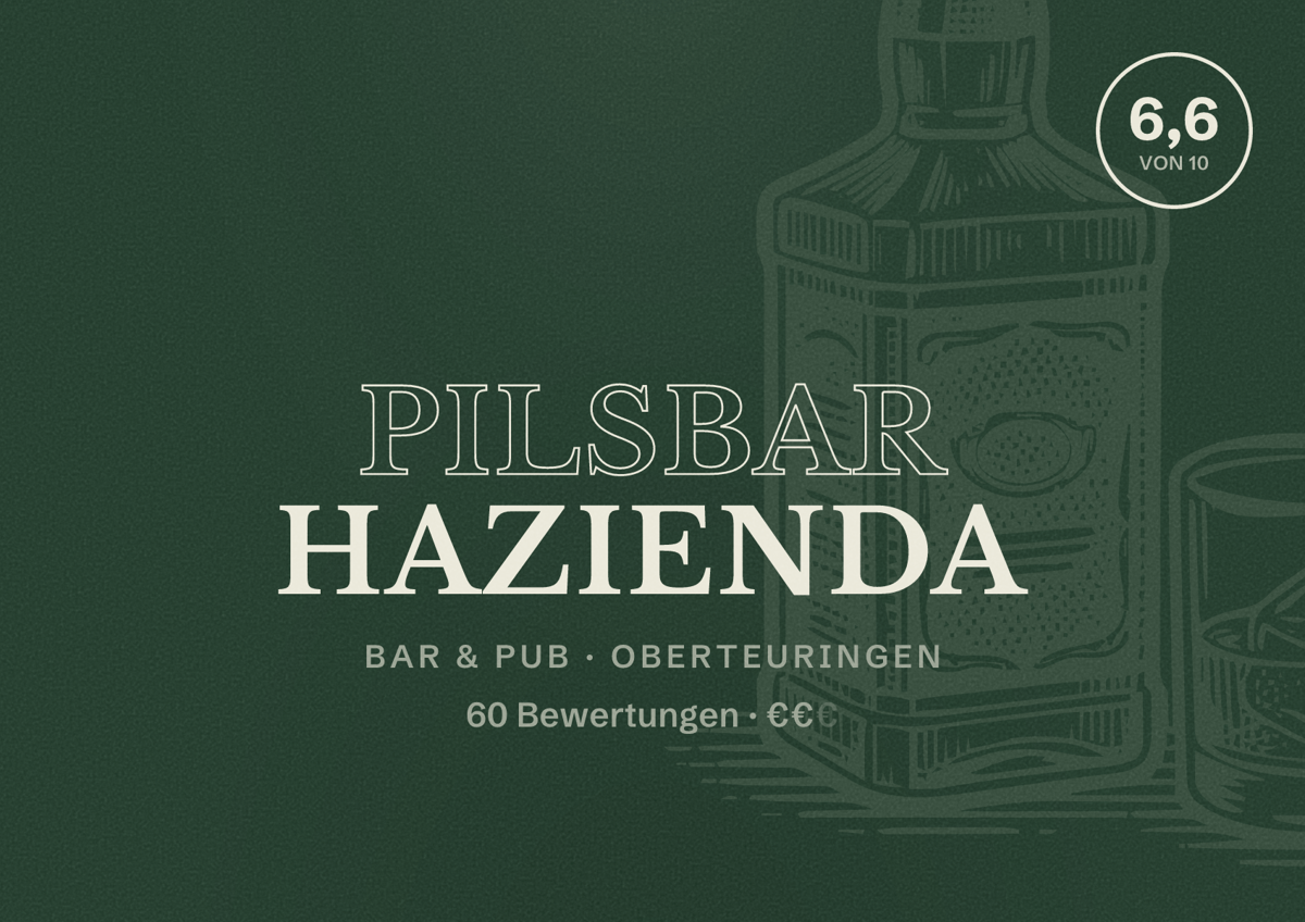 Illustriertes Poster von Pilsbar Hazienda, Bar & Pub in Oberteuringen: Bewertung 6,6 von 10 aus 60 Bewertungen, Preisniveau €€