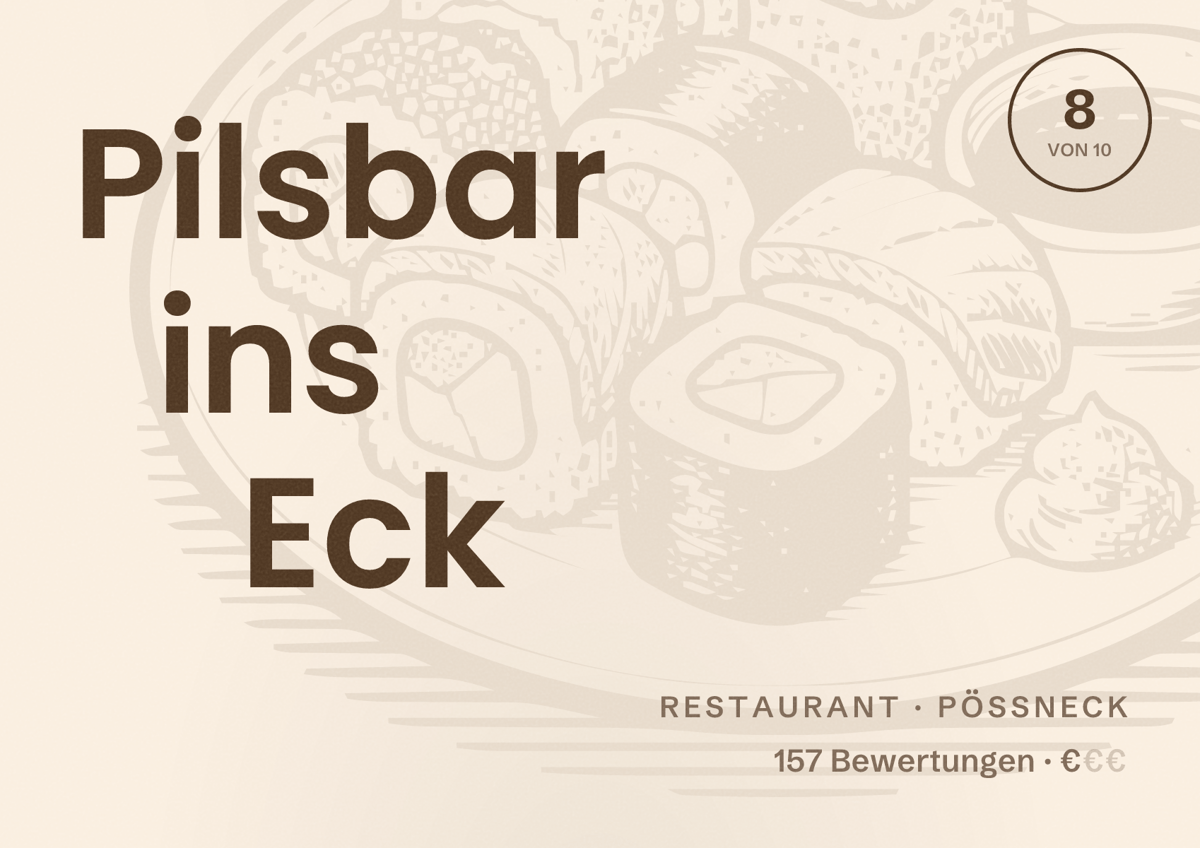 Illustriertes Poster von Pilsbar ins Eck, Restaurant in Pößneck: Bewertung 8 von 10 aus 157 Bewertungen, Preisniveau €