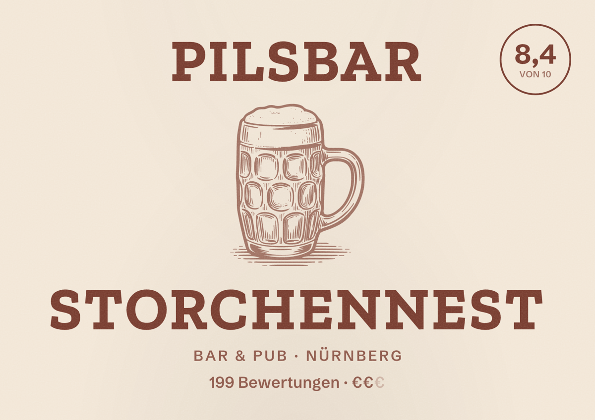 Illustriertes Poster von Pilsbar Storchennest, Bar & Pub in Nürnberg: Bewertung 8,4 von 10 aus 199 Bewertungen, Preisniveau €€