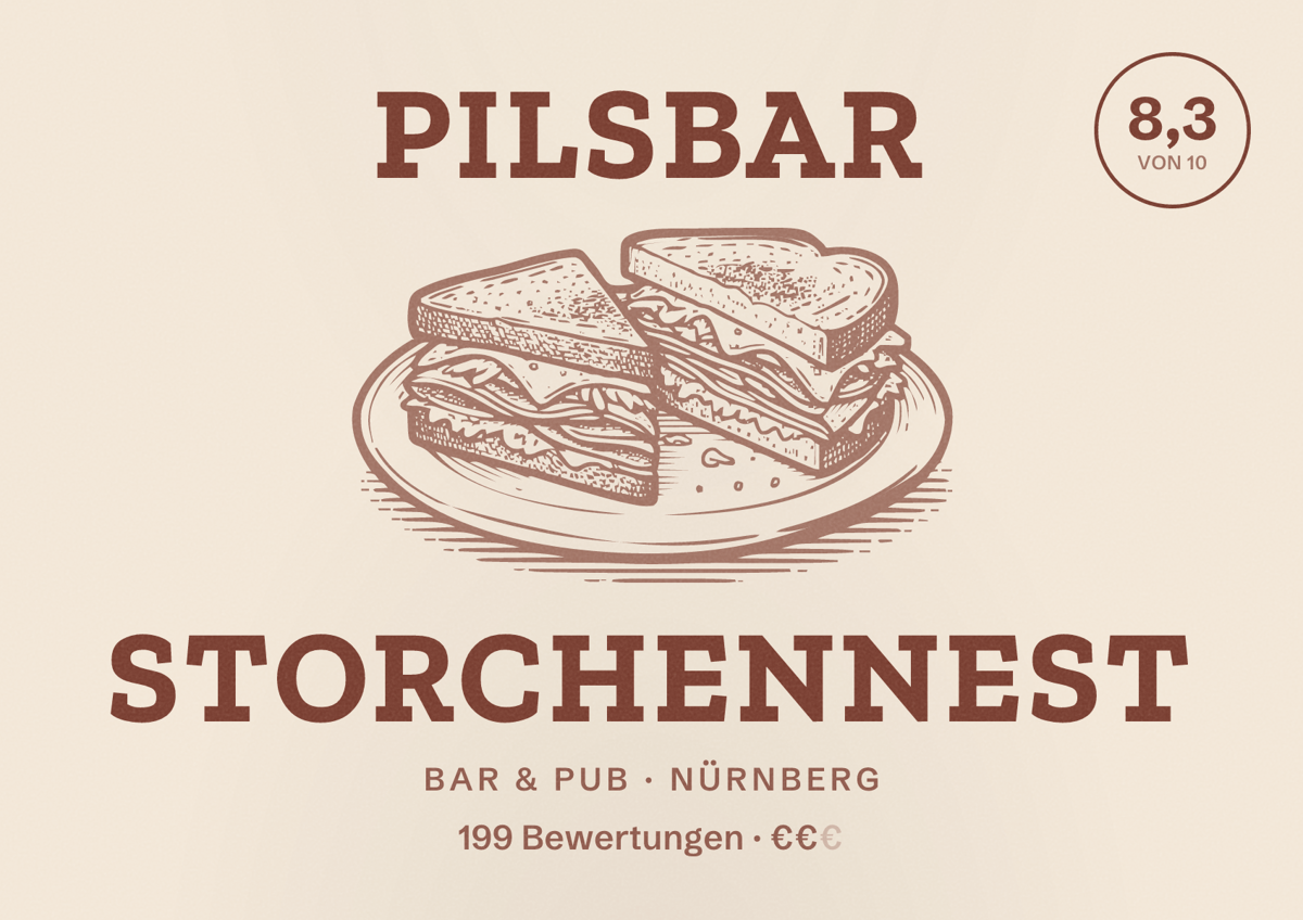 Illustriertes Poster von Pilsbar Storchennest, Bar & Pub in Nürnberg: Bewertung 8,3 von 10 aus 199 Bewertungen, Preisniveau €€