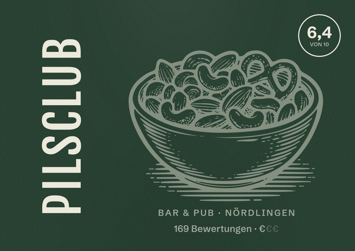 Illustriertes Poster von Pilsclub, Bar & Pub in Nördlingen: Bewertung 6,4 von 10 aus 169 Bewertungen, Preisniveau €