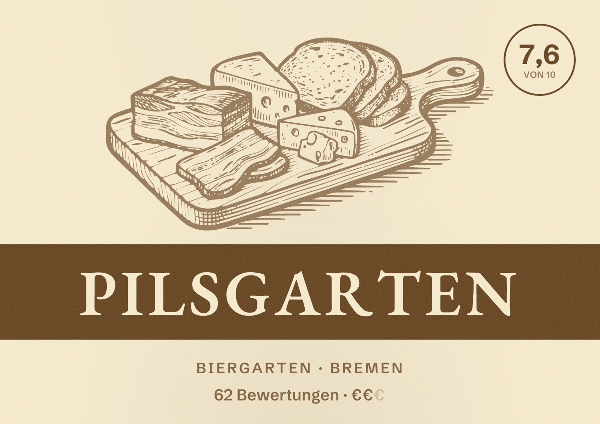 Illustriertes Poster von Pilsgarten, Biergarten in Bremen: Bewertung 7,6 von 10 aus 62 Bewertungen, Preisniveau €€