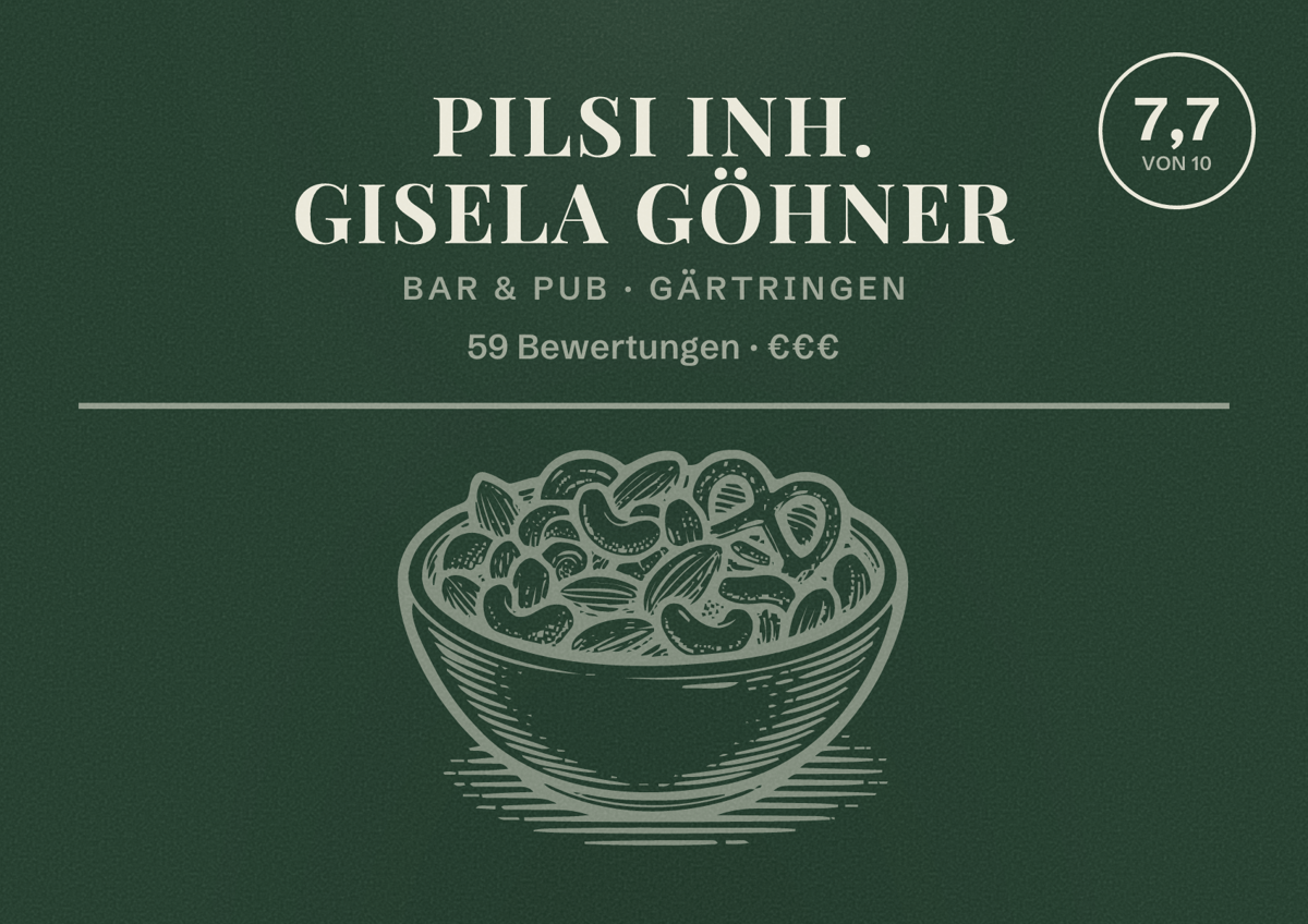 Illustriertes Poster von Pilsi Inh. Gisela Göhner, Bar & Pub in Gärtringen: Bewertung 7,7 von 10 aus 59 Bewertungen, Preisniveau €€€