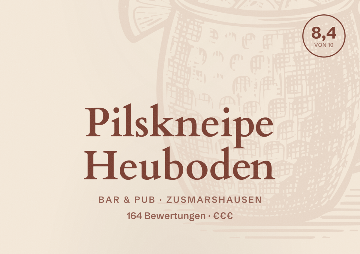 Illustriertes Poster von Pilskneipe Heuboden, Bar & Pub in Zusmarshausen: Bewertung 8,4 von 10 aus 164 Bewertungen, Preisniveau €€€