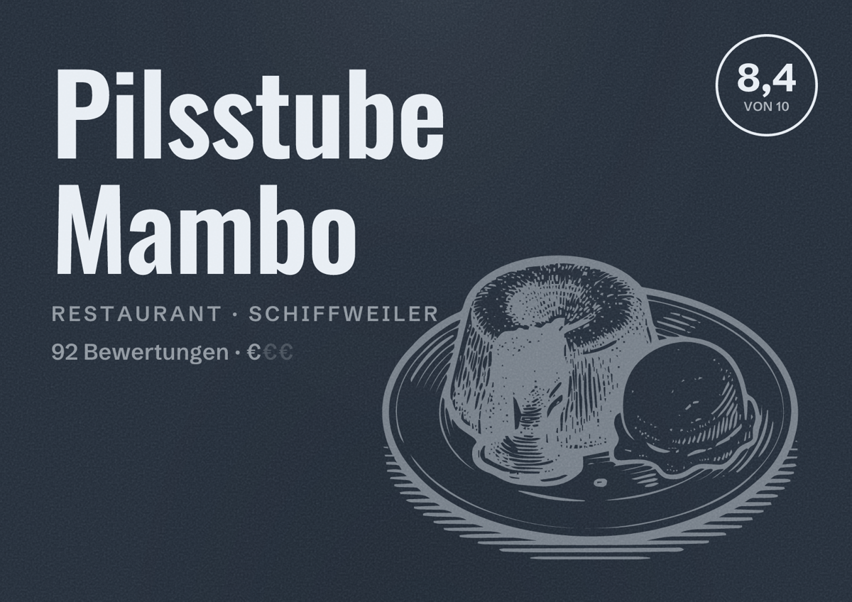 Illustriertes Poster von Pilsstube Mambo, Restaurant in Schiffweiler: Bewertung 8,4 von 10 aus 92 Bewertungen, Preisniveau €