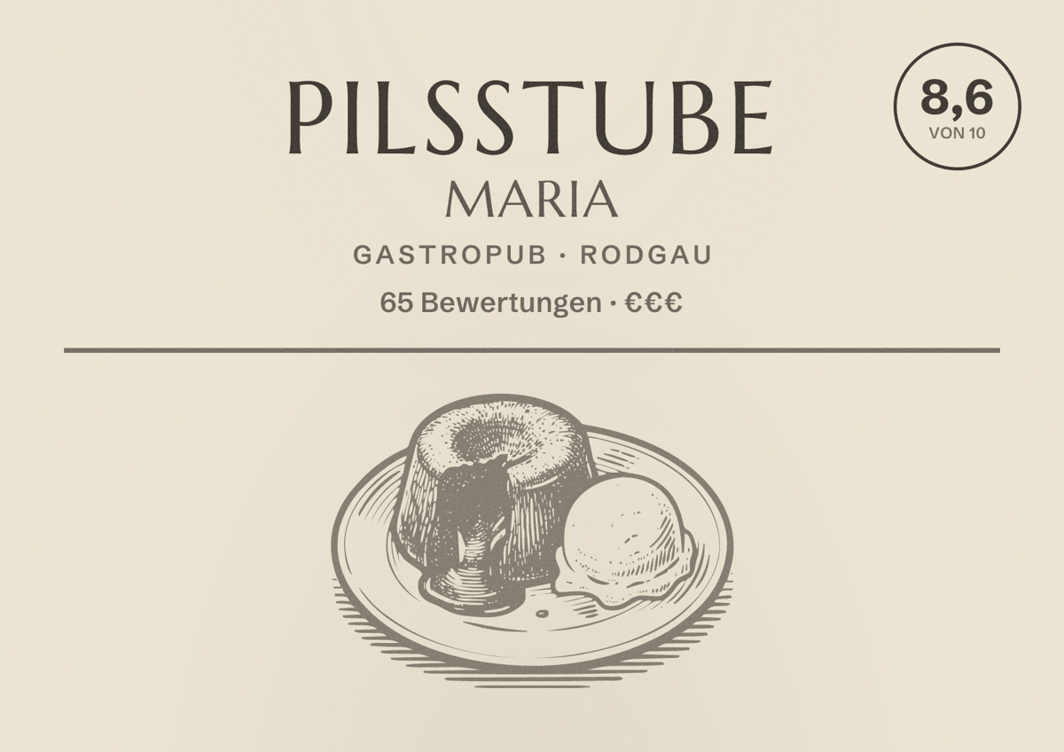 Illustriertes Poster von Pilsstube Maria, Gastropub in Rodgau: Bewertung 8,6 von 10 aus 65 Bewertungen, Preisniveau €€€