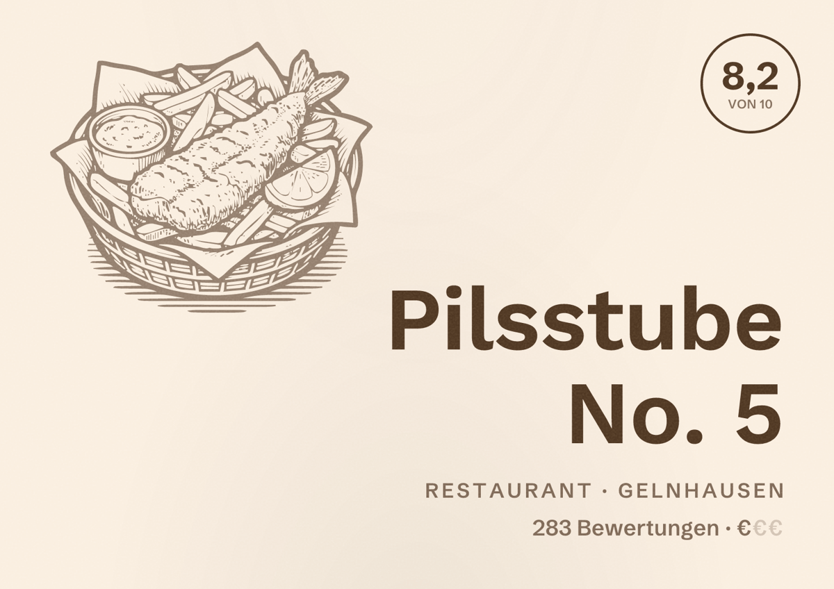 Illustriertes Poster von Pilsstube No. 5, Restaurant in Gelnhausen: Bewertung 8,2 von 10 aus 283 Bewertungen, Preisniveau €