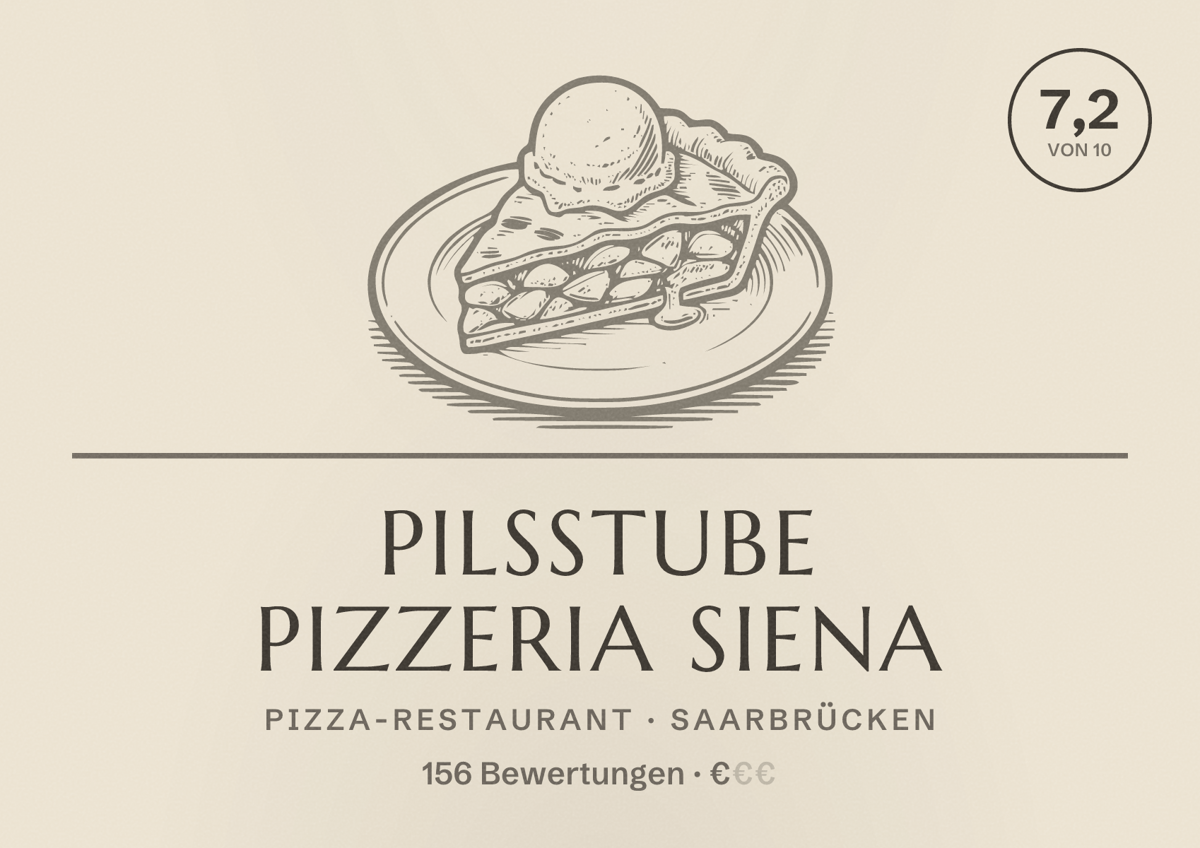 Illustriertes Poster von Pilsstube Pizzeria Siena, Pizza-Restaurant in Saarbrücken: Bewertung 7,2 von 10 aus 156 Bewertungen, Preisniveau €