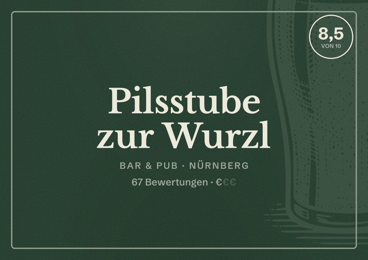 Illustriertes Poster von Pilsstube zur Wurzl, Bar & Pub in Nürnberg: Bewertung 8,5 von 10 aus 67 Bewertungen, Preisniveau €