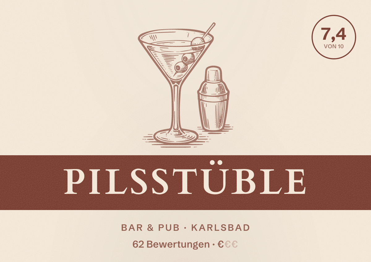 Illustriertes Poster von Pilsstüble, Bar & Pub in Karlsbad: Bewertung 7,4 von 10 aus 62 Bewertungen, Preisniveau €