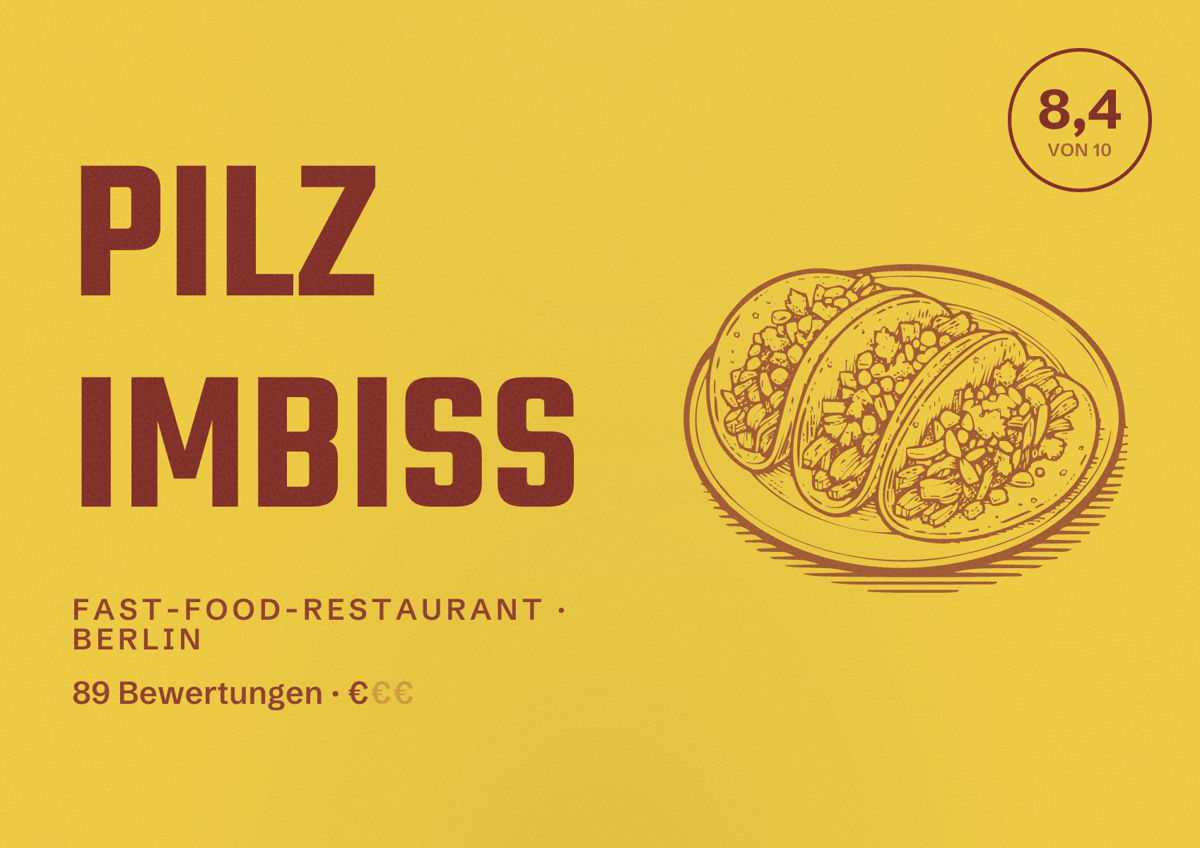 Illustriertes Poster von Pilz Imbiss, Fast-Food-Restaurant in Berlin: Bewertung 8,4 von 10 aus 89 Bewertungen, Preisniveau €