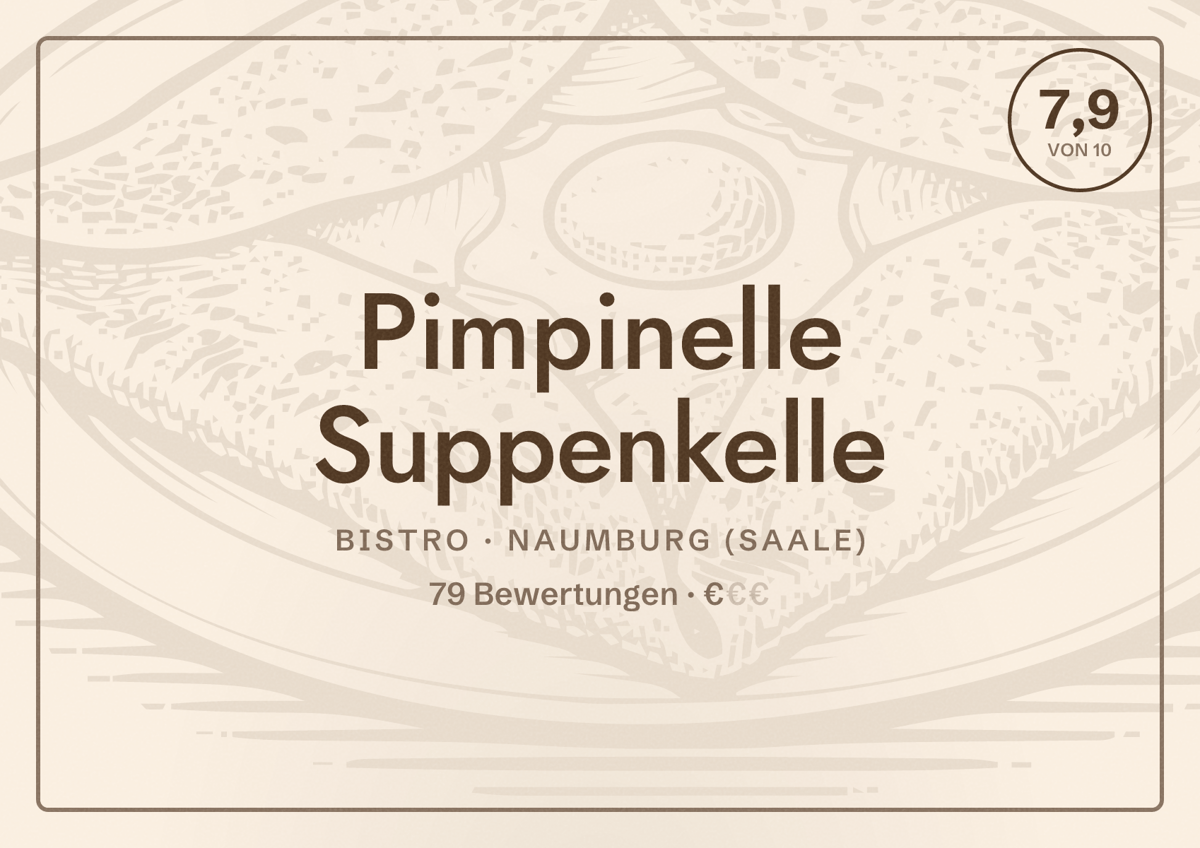 Illustriertes Poster von Pimpinelle Suppenkelle, Bistro in Naumburg (Saale): Bewertung 7,9 von 10 aus 79 Bewertungen, Preisniveau €