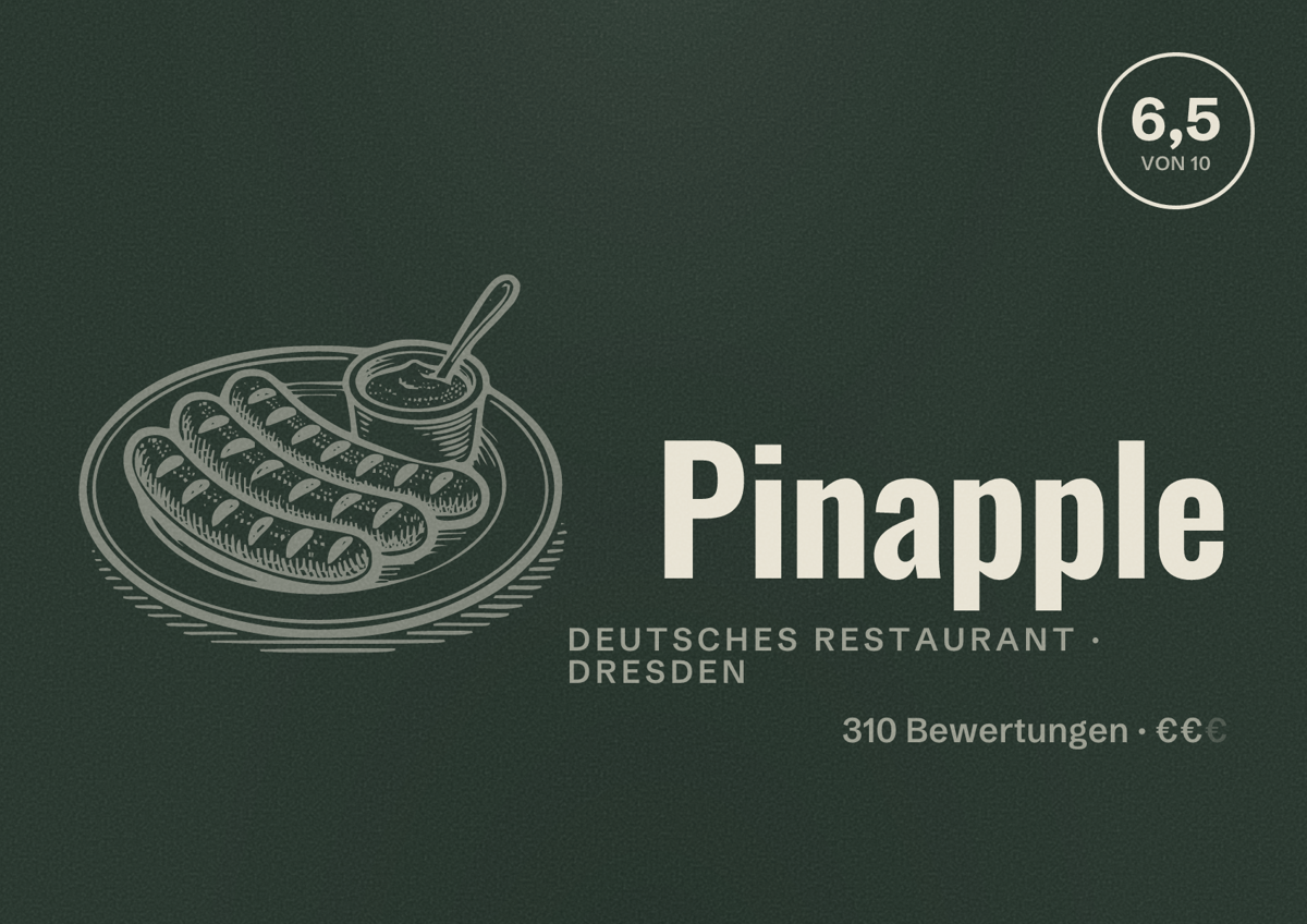 Illustriertes Poster von Pinapple, Deutsches Restaurant in Dresden: Bewertung 6,5 von 10 aus 310 Bewertungen, Preisniveau €€