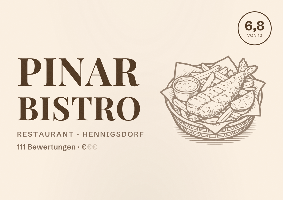 Illustriertes Poster von Pinar Bistro, Restaurant in Hennigsdorf: Bewertung 6,8 von 10 aus 111 Bewertungen, Preisniveau €