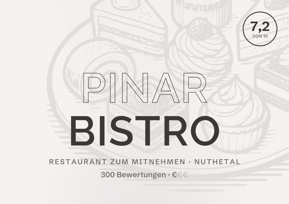 Illustriertes Poster von Pinar Bistro, Restaurant zum Mitnehmen in Nuthetal: Bewertung 7,2 von 10 aus 300 Bewertungen, Preisniveau €