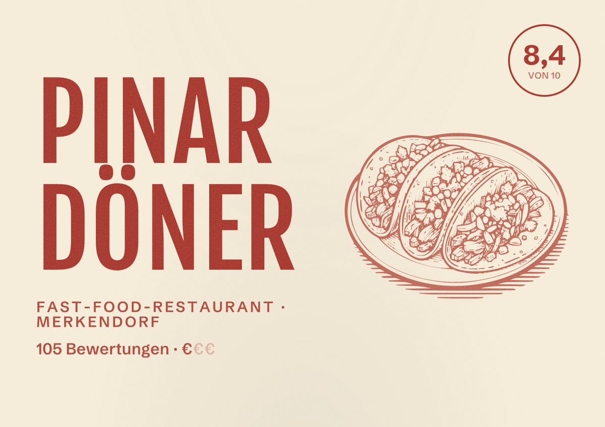 Illustriertes Poster von Pinar Döner, Fast-Food-Restaurant in Merkendorf: Bewertung 8,4 von 10 aus 105 Bewertungen, Preisniveau €