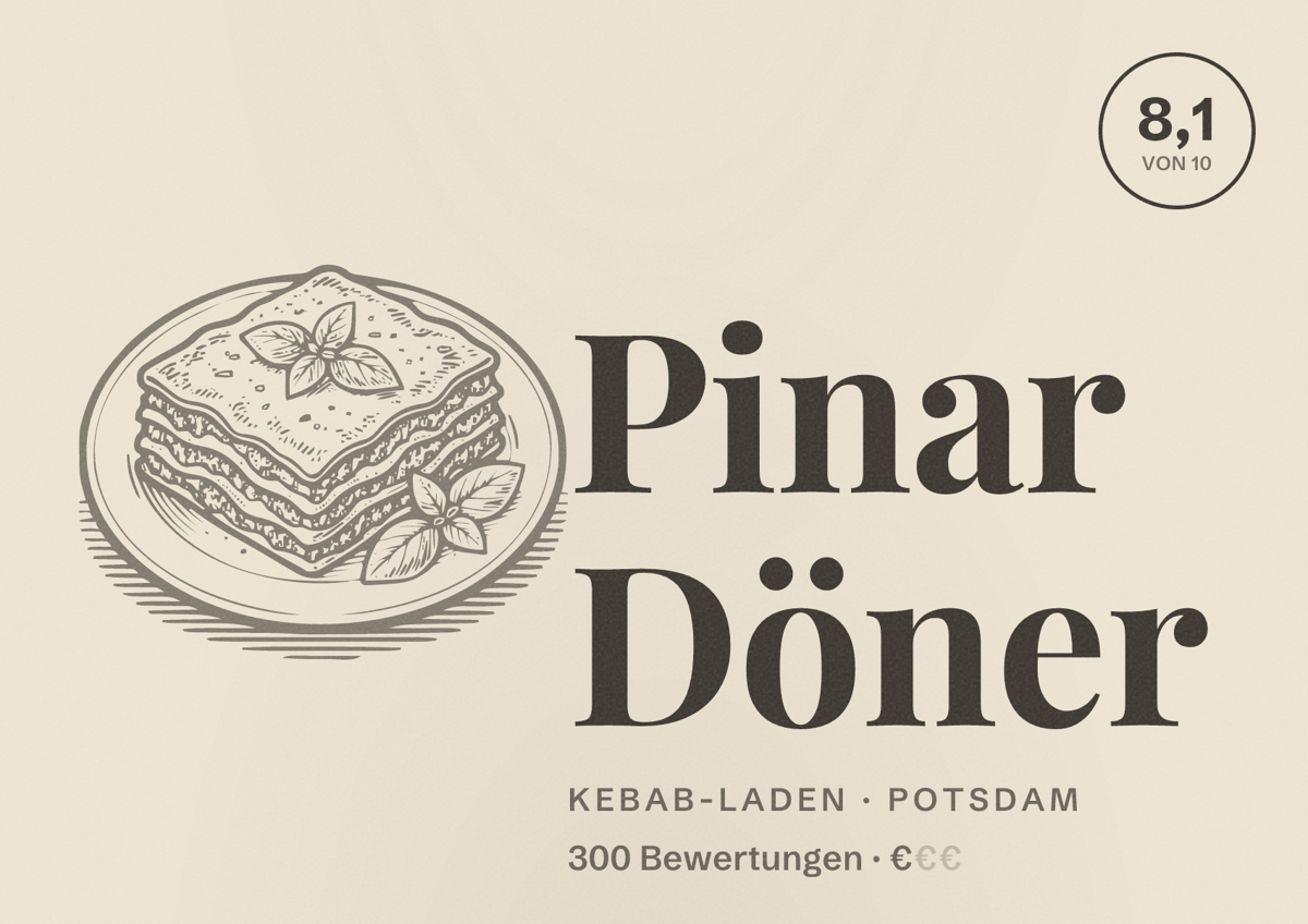Illustriertes Poster von Pinar Döner, Kebab-Laden in Potsdam: Bewertung 8,1 von 10 aus 300 Bewertungen, Preisniveau €