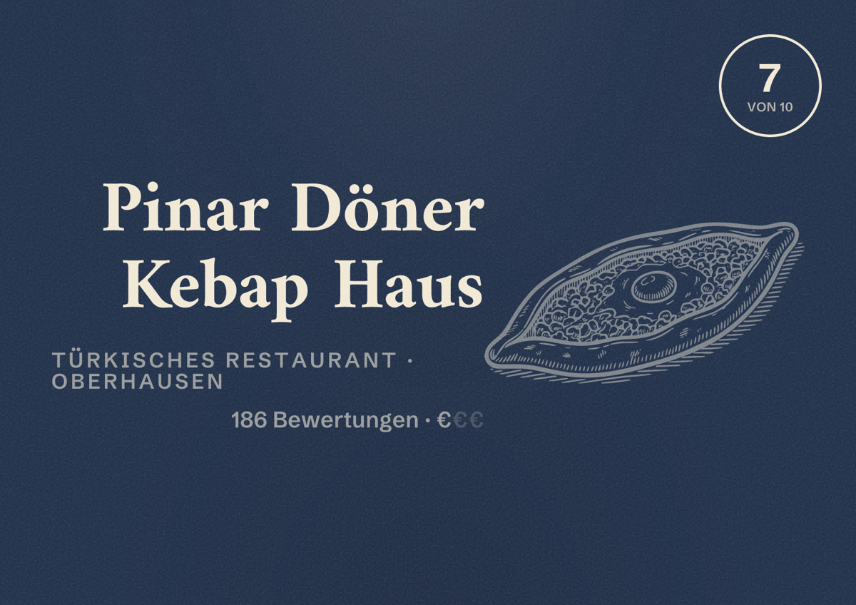 Illustriertes Poster von Pinar Döner Kebap Haus, Türkisches Restaurant in Oberhausen: Bewertung 7 von 10 aus 186 Bewertungen, Preisniveau €