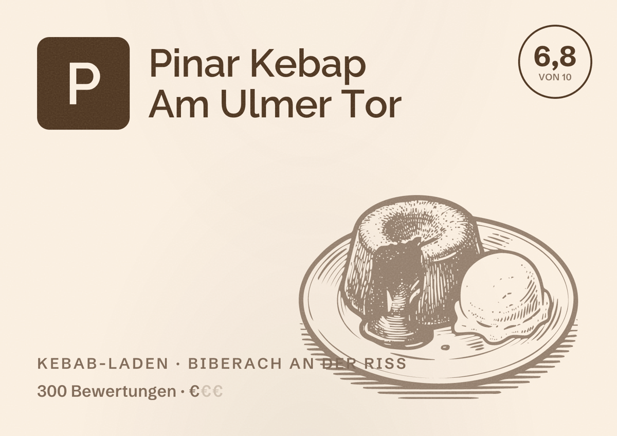 Illustriertes Poster von Pinar Kebap Am Ulmer Tor, Kebab-Laden in Biberach an der Riß: Bewertung 6,8 von 10 aus 300 Bewertungen, Preisniveau €