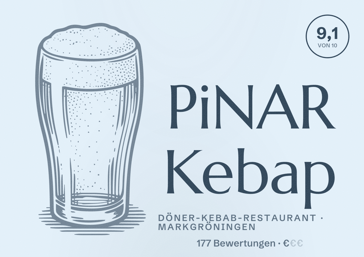 Illustriertes Poster von PiNAR Kebap, Döner-Kebab-Restaurant in Markgröningen: Bewertung 9,1 von 10 aus 177 Bewertungen, Preisniveau €
