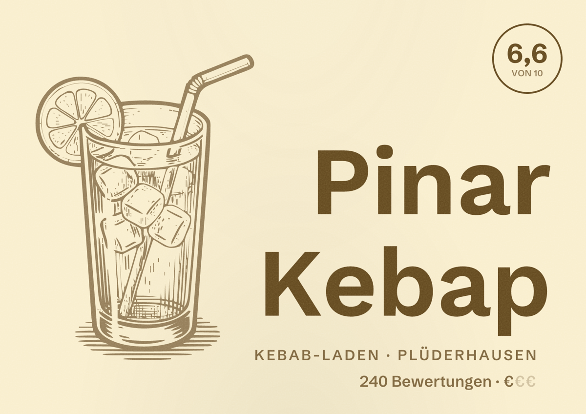 Illustriertes Poster von Pinar Kebap, Kebab-Laden in Plüderhausen: Bewertung 6,6 von 10 aus 240 Bewertungen, Preisniveau €