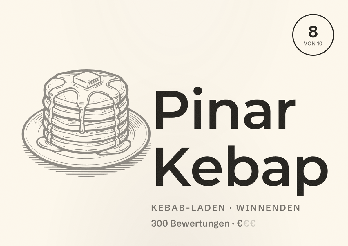 Illustriertes Poster von Pinar Kebap, Kebab-Laden in Winnenden: Bewertung 8 von 10 aus 300 Bewertungen, Preisniveau €