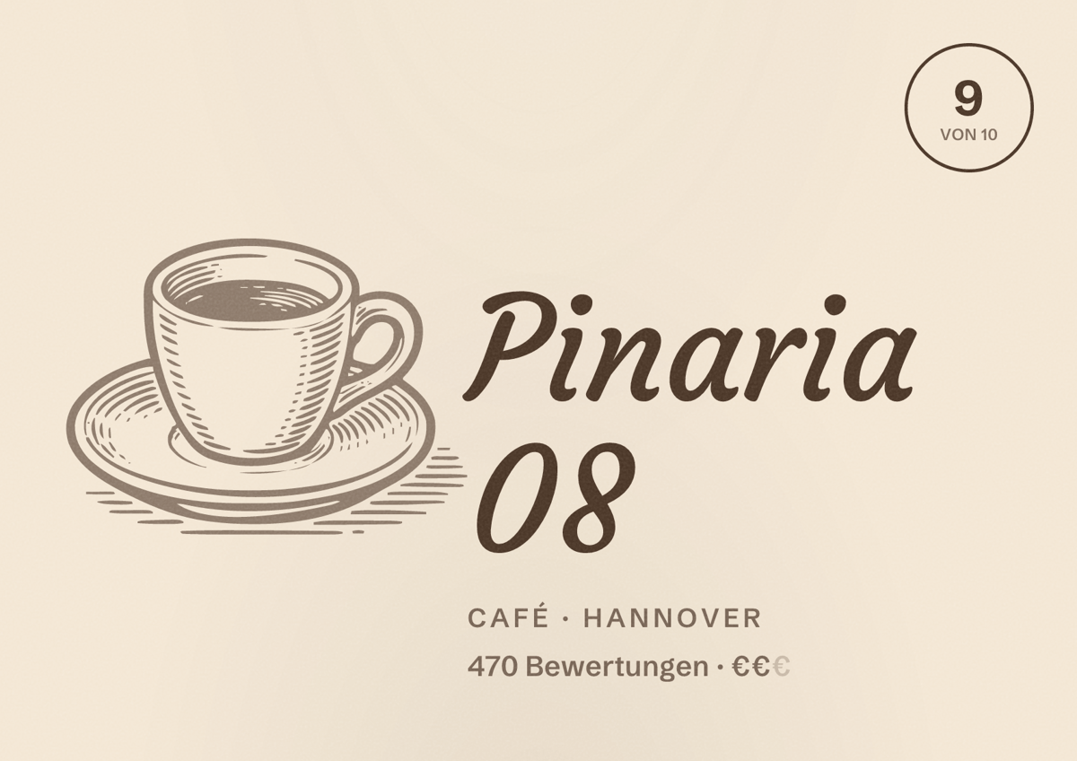 Illustriertes Poster von Pinaria 08, Café in Hannover: Bewertung 9,0 von 10 aus 470 Bewertungen, Preisniveau €€