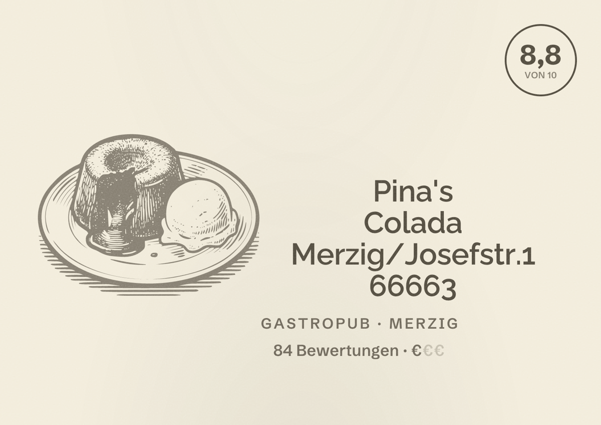 Illustriertes Poster von Pina's Colada Merzig/Josefstr.1 66663, Gastropub in Merzig: Bewertung 8,8 von 10 aus 84 Bewertungen, Preisniveau €