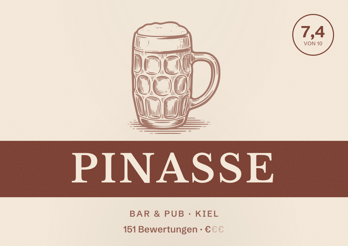 Illustriertes Poster von Pinasse, Bar & Pub in Kiel: Bewertung 7,4 von 10 aus 151 Bewertungen, Preisniveau €