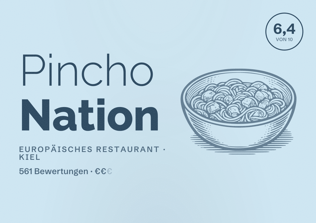 Illustriertes Poster von Pincho Nation, Europäisches Restaurant in Kiel: Bewertung 6,4 von 10 aus 561 Bewertungen, Preisniveau €€
