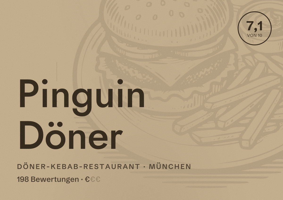 Illustriertes Poster von Pinguin Döner, Döner-Kebab-Restaurant in München: Bewertung 7,1 von 10 aus 198 Bewertungen, Preisniveau €