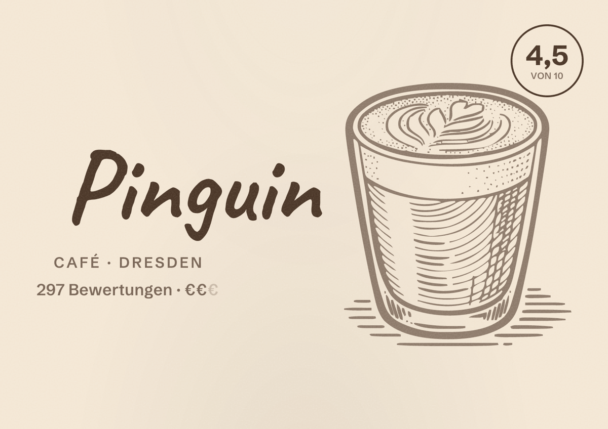 Illustriertes Poster von Pinguin, Café in Dresden: Bewertung 4,5 von 10 aus 297 Bewertungen, Preisniveau €€