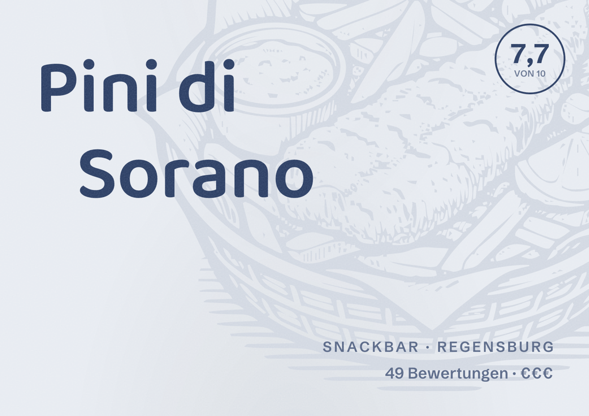 Illustriertes Poster von Pini di Sorano, Snackbar in Regensburg: Bewertung 7,7 von 10 aus 49 Bewertungen, Preisniveau €€€