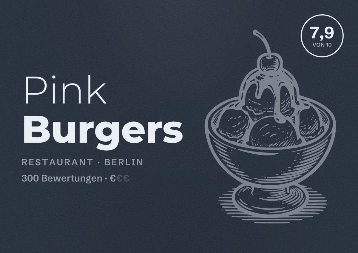 Illustriertes Poster von Pink Burgers, Restaurant in Berlin: Bewertung 7,9 von 10 aus 300 Bewertungen, Preisniveau €