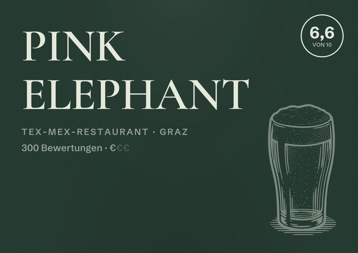 Illustriertes Poster von PINK ELEPHANT, Tex-Mex-Restaurant in Graz: Bewertung 6,6 von 10 aus 300 Bewertungen, Preisniveau €
